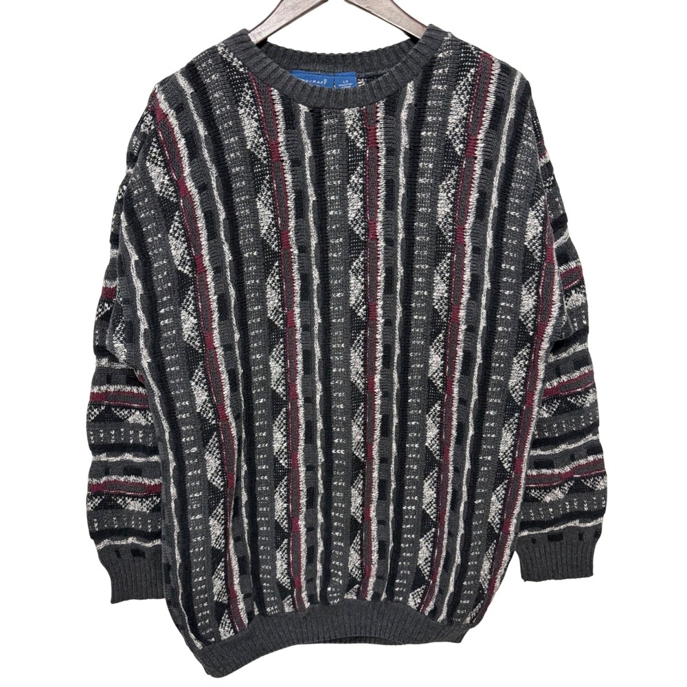 Vintage Towncraft Sweater Mens L Geometric Stripe 90s Knit Crewneck Pullover